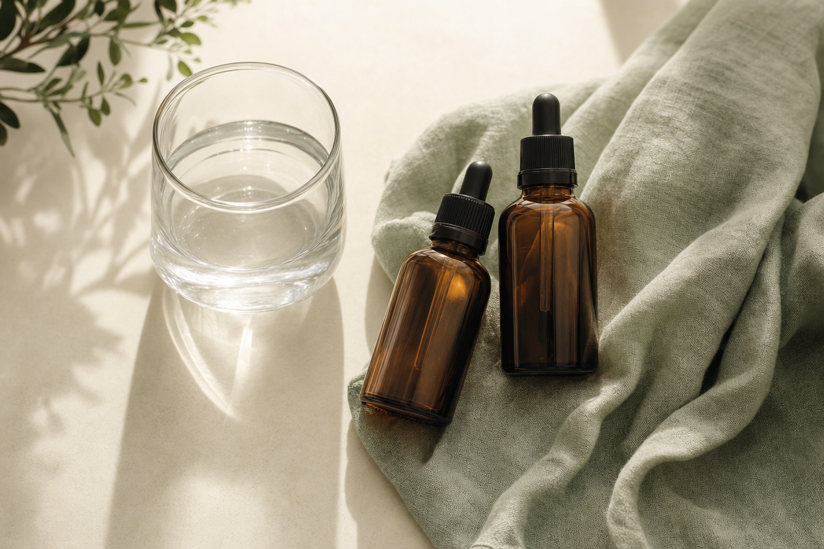 Two amber dropper bottles beside a glass of water on a sage green and cream tabletop