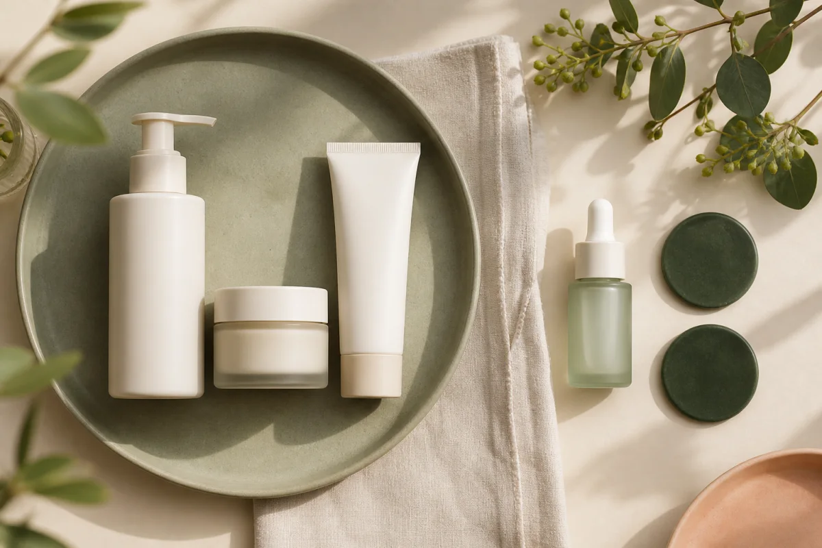 Daily skincare essentials grouped apart from an occasional treatment serum and two evening markers