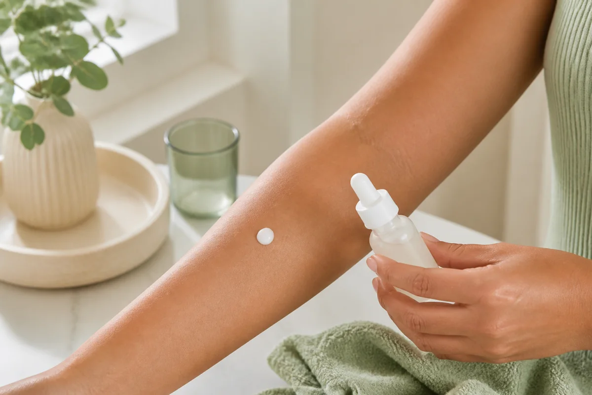 A small dab of skincare cream placed on the inner forearm for a patch test