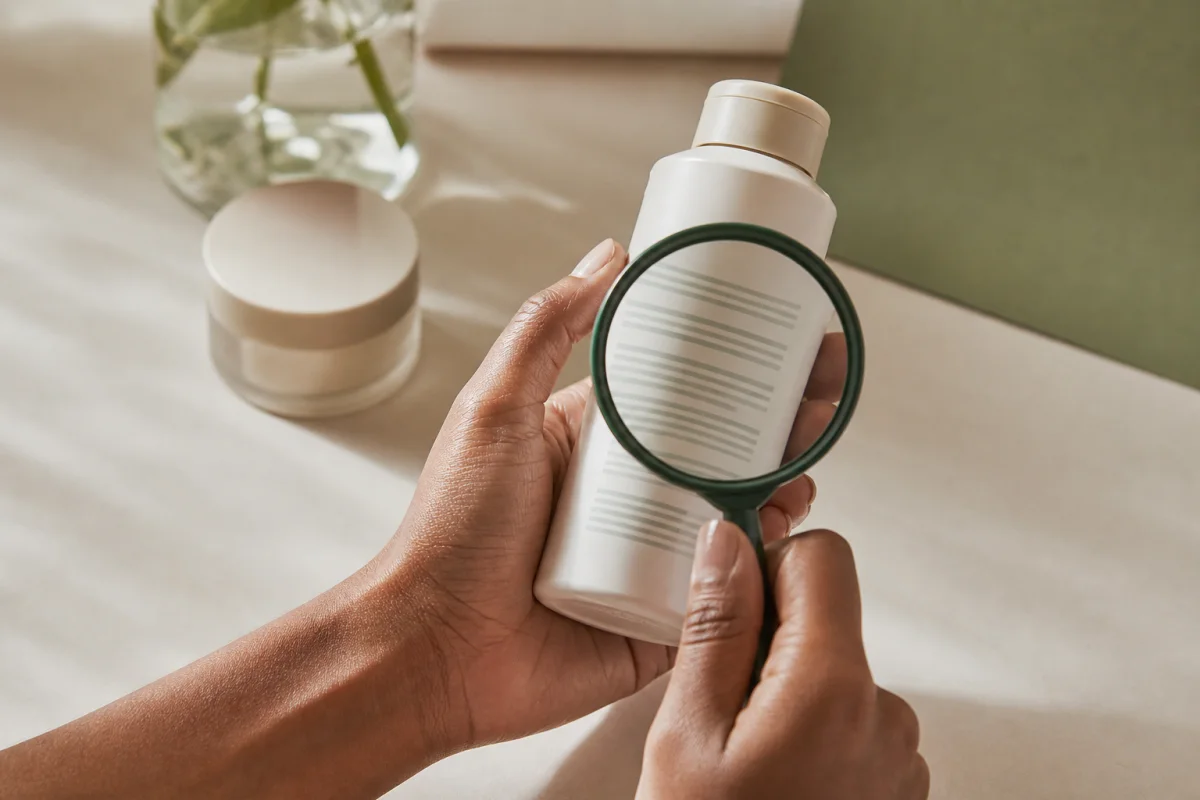 Hands using a magnifying glass to inspect the back label of an unbranded skincare bottle