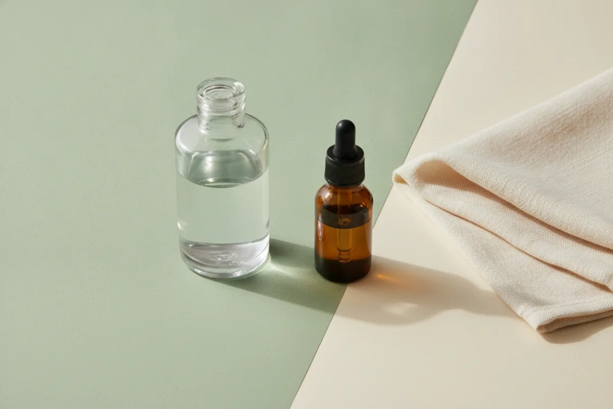 A clear glass toner bottle and a small amber dropper bottle side by side on a sage green and cream tabletop