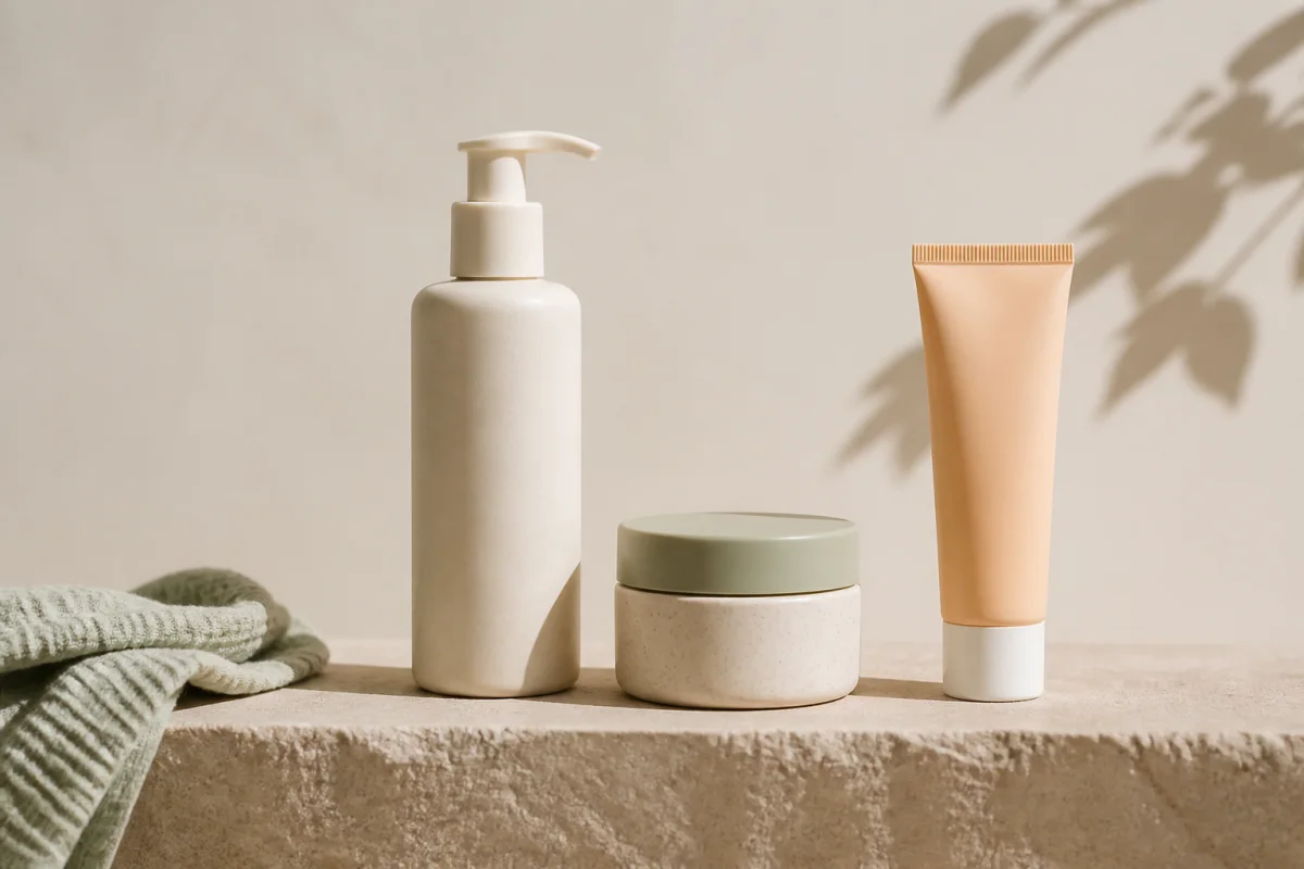 A cleanser, moisturiser and sunscreen arranged as a simple three-product routine
