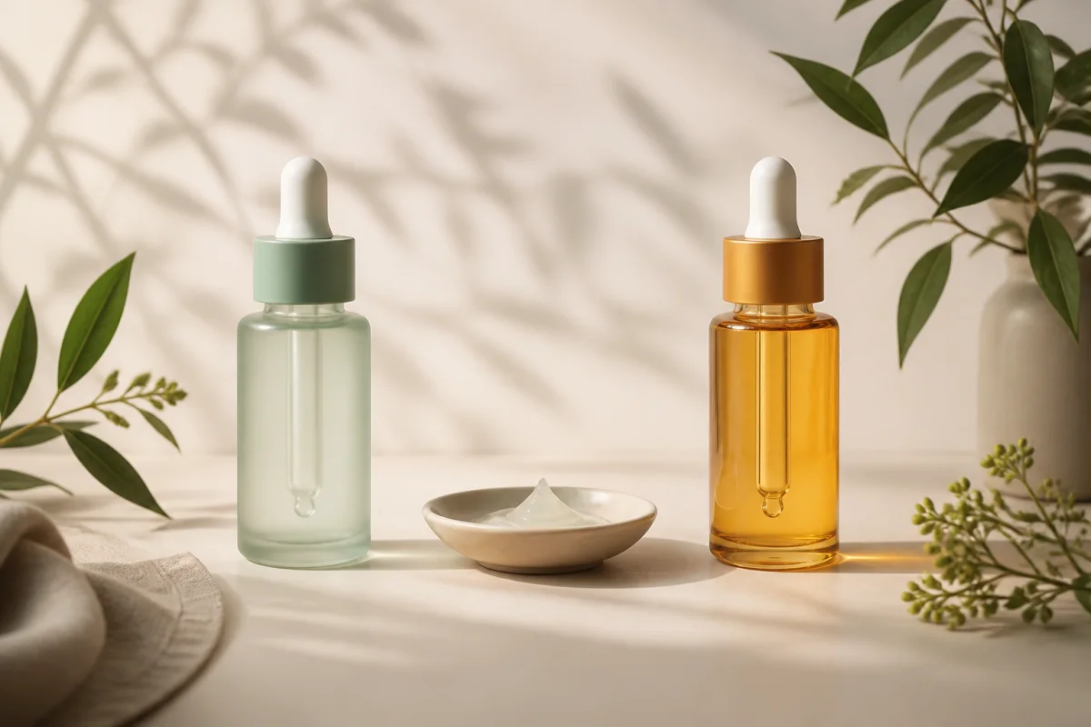 Balanced pale green and amber serum bottles representing niacinamide and vitamin C