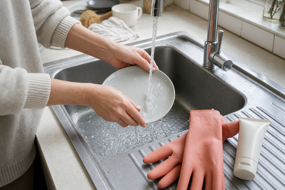 Hands rinsing at a kitchen sink beside a tube of hand cream and a pair of rubber gloves on the draining board