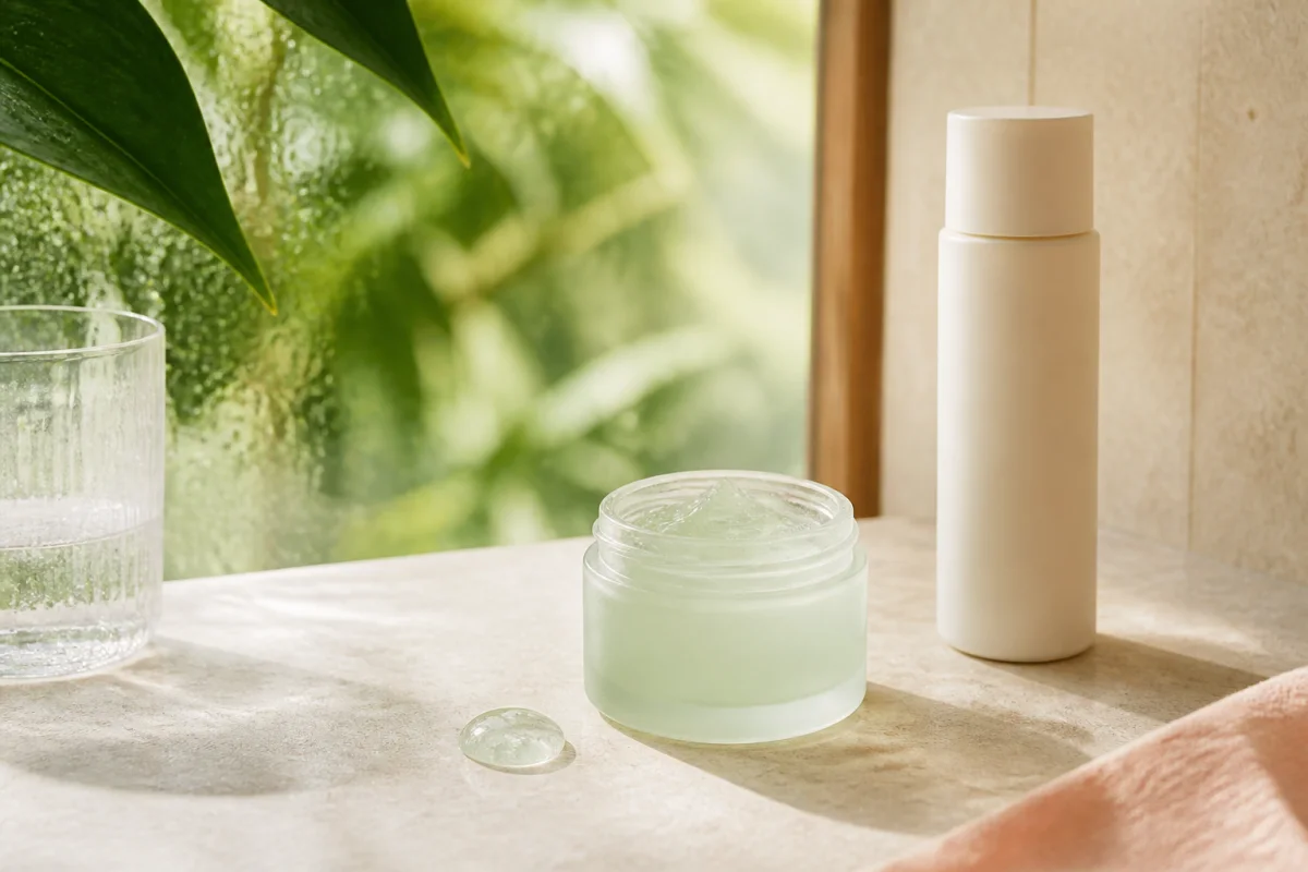 Light gel moisturiser and fluid sunscreen beside a humid tropical window