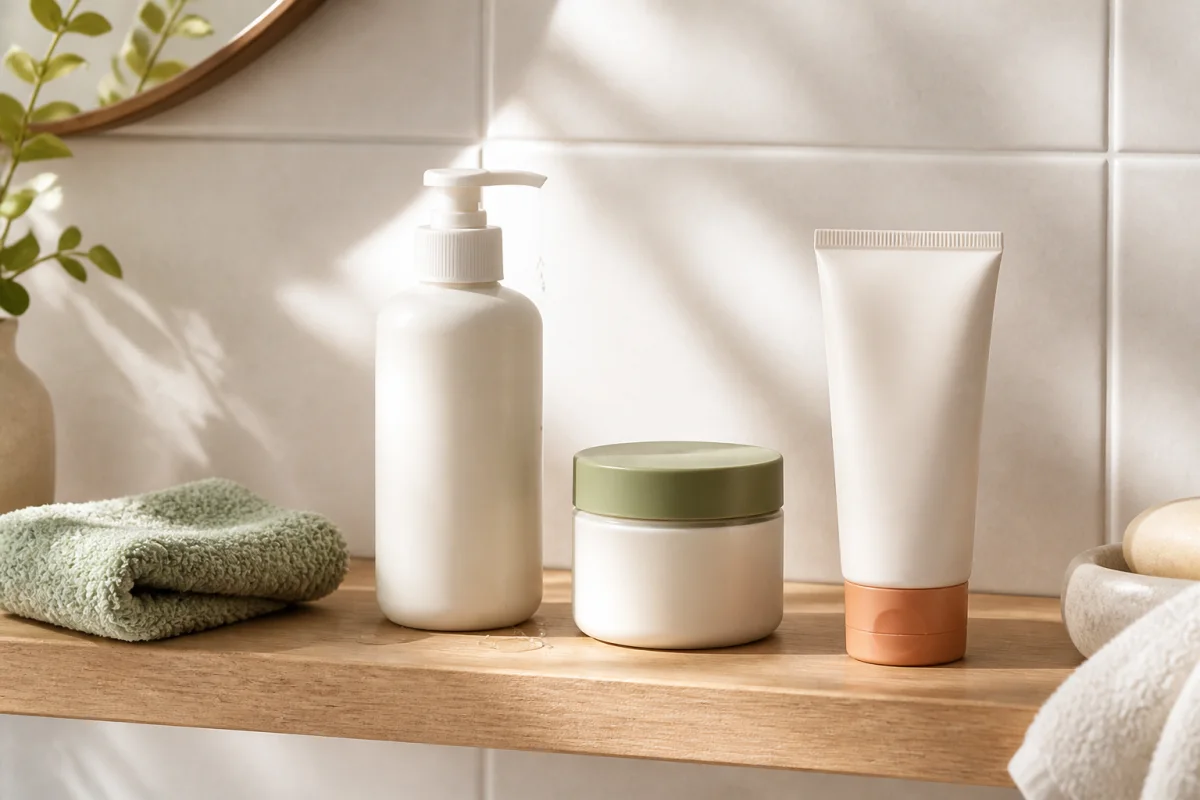 Three simple unbranded skincare essentials on a sunlit bathroom shelf