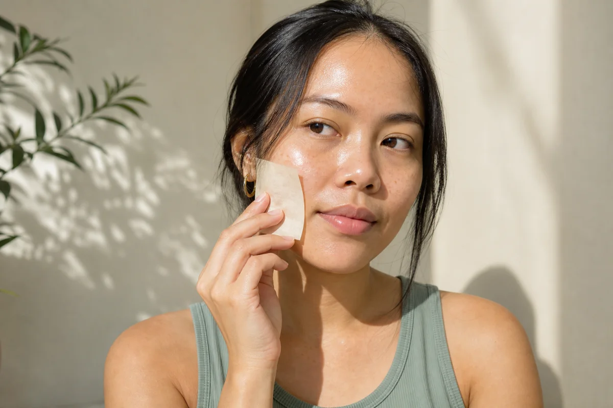 Woman with natural midday skin shine holding a plain blotting paper to her cheek