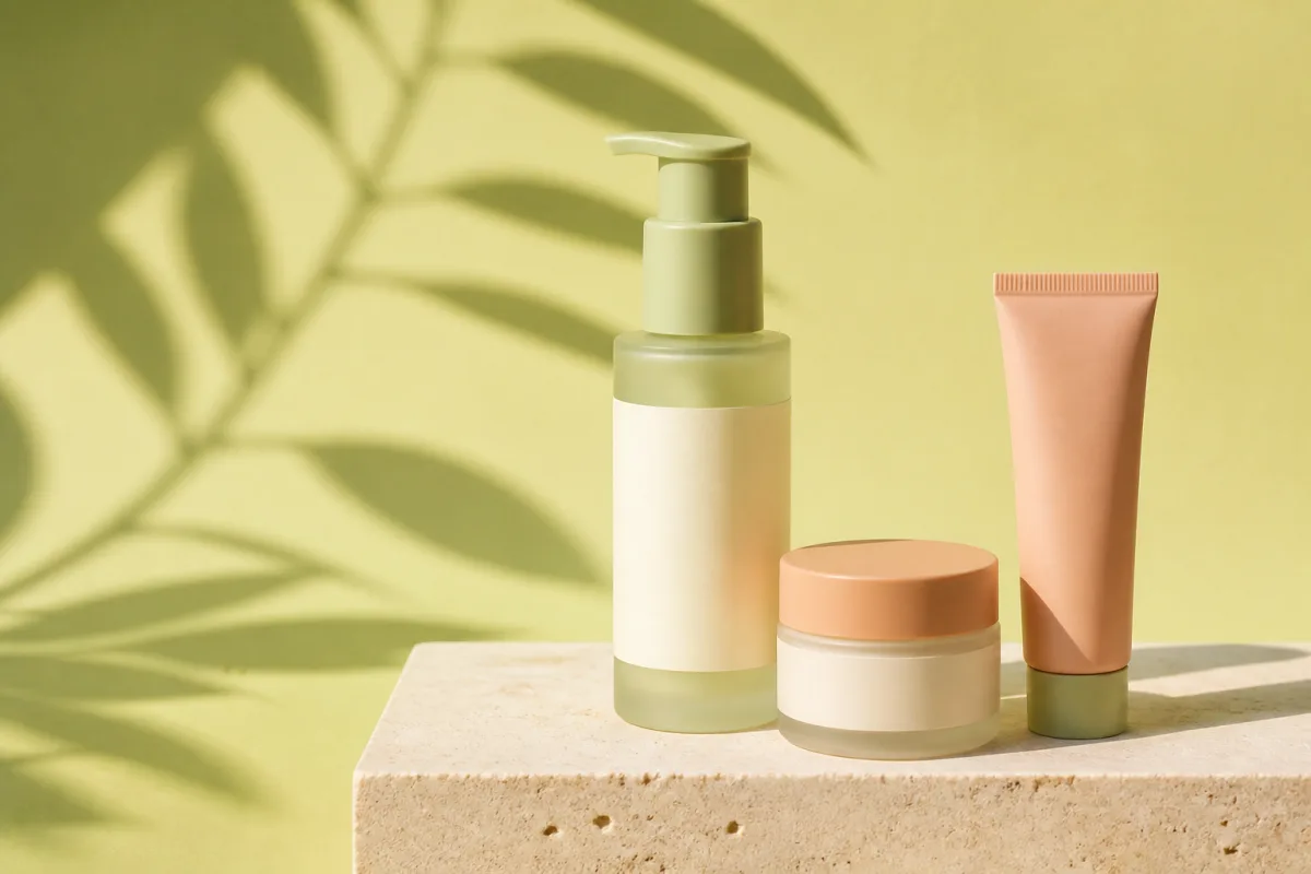 Three unbranded skincare containers in soft botanical light