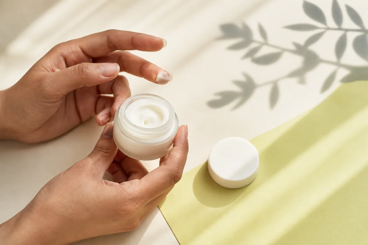 Hands holding a single jar of moisturiser